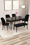 Rovena Zayn Siyah Mermer 80x132 Açılabilir Suntalam Yemek Odası Takımı 4 Adet Sandalye + 1 Bench
