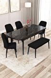 Rovena Zayn Siyah Mermer 80x132 Açılabilir Suntalam Yemek Odası Takımı 4 Adet Sandalye + 1 Bench