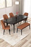 Rovena Zayn Siyah Mermer 80x132 Açılabilir Suntalam Yemek Odası Takımı 4 Adet Sandalye + 1 Bench