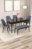 Rovena Zayn Siyah Mermer 80x132 Açılabilir Suntalam Yemek Odası Takımı 4 Adet Sandalye + 1 Bench