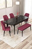 Rovena Zayn Siyah Mermer 80x132 Açılabilir Suntalam Yemek Odası Takımı 4 Adet Sandalye + 1 Bench