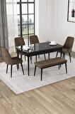 Rovena Alya Siyah Mermer 80x132 Açılabilir Mdf Mutfak Masası Takımı 4 Adet Sandalye+1 Bench