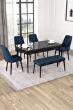 Rovena Alya Siyah Mermer 80x132 Açılabilir Mdf Mutfak Masası Takımı 4 Adet Sandalye+1 Bench