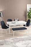 Rovena Armin Beyaz Mermer 80x132 Açılabilir Mdf Mutfak Masası Takımı 4 Adet Sandalye+1 Bench