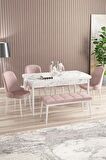 Rovena Armin Beyaz Mermer 80x132 Açılabilir Mdf Mutfak Masası Takımı 4 Adet Sandalye+1 Bench
