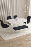 Rovena Flora Beyaz Mermer 80x132 Açılabilir Mdf Yemek Odası Takımı 4 Adet Sandalye+1 Bench