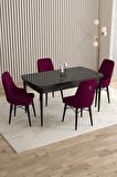 Rovena Flora Siyah Mermer 80x132 Açılabilir Mdf Yemek Odası Takımı 4 Adet Sandalye