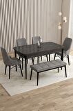 Rovena Flora Siyah Mermer 80x132 Açılabilir Mdf Yemek Odası Takımı 4 Adet Sandalye+1 Bench