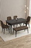 Rovena Flora Siyah Mermer 80x132 Açılabilir Mdf Yemek Odası Takımı 4 Adet Sandalye+1 Bench