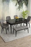Rovena Eylül Siyah Mermer 80x132 Açılabilir Mdf Yemek Odası Takımı 4 Adet Sandalye+1 Bench