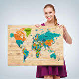 Harita Sepeti Ahşap Görünümlü Dünya Haritası Ayrıntılı ve Dekoratif Kanvas Tablo 1801