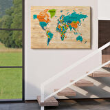 Harita Sepeti Ahşap Görünümlü Dünya Haritası Ayrıntılı ve Dekoratif Kanvas Tablo 1801
