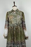 Leopar Desenli Pliseli Büyük Beden Elbise Yeşil 7832