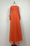 Drape Detaylı Tül Elbise Turuncu 7676