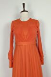 Drape Detaylı Tül Elbise Turuncu 7676