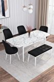 Rovena Leona Beyaz Mermer 80x132 Açılabilir Mdf Mutfak Masası Takımı 4 Adet Sandalye + 1 Bench