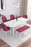 Rovena Leona Beyaz Mermer 80x132 Açılabilir Mdf Mutfak Masası Takımı 4 Adet Sandalye + 1 Bench