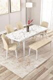 Rovena Zeta Beyaz Mermer 80x132 Açılabilir Mdf Mutfak Masası Takımı 4 Adet Sandalye + 1 Bench