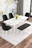 Rovena Mona Beyaz Mermer 80x132 Açılabilir Mdf Mutfak Masası Takımı 4 Adet Sandalye+1 Bench