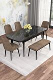 Rovena Mona Siyah Mermer 80x132 Açılabilir Mdf Mutfak Masası Takımı 4 Adet Sandalye+1 Bench