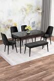 Rovena Alaska Siyah Mermer 80x132 Açılabilir Suntalam Mutfak Masası Takımı 4 Adet Sandalye+1 Bench