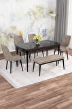 Rovena Alaska Siyah Mermer 80x132 Açılabilir Suntalam Mutfak Masası Takımı 4 Adet Sandalye+1 Bench
