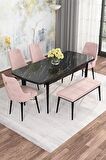 Rovena Alaska Siyah Mermer 80x132 Açılabilir Suntalam Mutfak Masası Takımı 4 Adet Sandalye+1 Bench