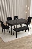 Rovena Queen Siyah Mermer 80x132 Açılabilir Suntalam Mutfak Masası Takımı 4 Adet Sandalye+1 Bench