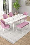 Rovena Novana Beyaz Mermer 80x132 Açılabilir Suntalam Mutfak Masası Takımı 4 Adet Sandalye + 1 Bench