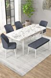 Rovena Novana Beyaz Mermer 80x132 Açılabilir Suntalam Mutfak Masası Takımı 4 Adet Sandalye + 1 Bench