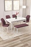 Rovena Zayn Beyaz Mermer 80x132 Açılabilir Suntalam Mutfak Masası Takımı 4 Adet Sandalye + 1 Bench