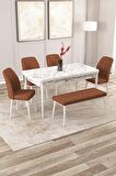 Rovena Zayn Beyaz Mermer 80x132 Açılabilir Suntalam Mutfak Masası Takımı 4 Adet Sandalye + 1 Bench