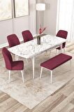 Rovena Zayn Beyaz Mermer 80x132 Açılabilir Suntalam Mutfak Masası Takımı 4 Adet Sandalye + 1 Bench