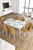 Rovena Zayn Beyaz Mermer 80x132 Açılabilir Suntalam Mutfak Masası Takımı 6 Adet Sandalye