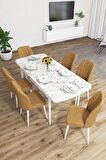 Rovena Zayn Beyaz Mermer 80x132 Açılabilir Suntalam Mutfak Masası Takımı 6 Adet Sandalye