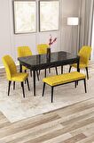 Rovena Zayn Siyah Mermer 80x132 Açılabilir Suntalam Mutfak Masası Takımı 4 Adet Sandalye + 1 Bench