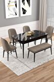 Rovena Vals Siyah Mermer 80x132 Açılabilir Mdf Mutfak Masası Takımı 4 Adet Sandalye+1 Bench