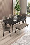 Rovena Armin Siyah Mermer 80x132 Açılabilir Mdf Mutfak Masası Takımı 4 Adet Sandalye+1 Bench