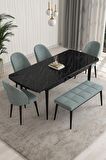 Rovena Arjeta Siyah Mermer 80x132 Açılabilir Mdf Mutfak Masası Takımı 4 Adet Sandalye+1 Bench