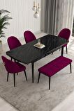 Rovena Arjeta Siyah Mermer 80x132 Açılabilir Mdf Mutfak Masası Takımı 4 Adet Sandalye+1 Bench