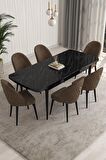 Rovena Arjeta Siyah Mermer 80x132 Açılabilir Mdf Mutfak Masası Takımı 6 Adet Sandalye