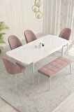 Rovena Marsilya Beyaz 80x132 Açılabilir Mdf Mutfak Masası Takımı 4 Adet Sandalye+1 Bench