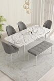 Rovena Marsilya Beyaz Mermer 80x132 Açılabilir Mdf Mutfak Masası Takımı 4 Adet Sandalye+1 Bench