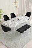 Rovena Marsilya Beyaz Mermer 80x132 Açılabilir Mdf Mutfak Masası Takımı 4 Adet Sandalye+1 Bench