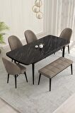 Rovena Marsilya Siyah Mermer 80x132 Açılabilir Mdf Mutfak Masası Takımı 4 Adet Sandalye+1 Bench