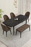 Rovena Marsilya Siyah Mermer 80x132 Açılabilir Mdf Mutfak Masası Takımı 4 Adet Sandalye+1 Bench