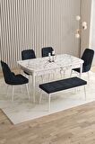 Rovena Flora Beyaz Mermer 80x132 Açılabilir Mdf Mutfak Masası Takımı 4 Adet Sandalye+1 Bench