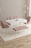Rovena Flora Beyaz Mermer 80x132 Açılabilir Mdf Mutfak Masası Takımı 4 Adet Sandalye+1 Bench