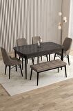 Rovena Flora Siyah Mermer 80x132 Açılabilir Mdf Mutfak Masası Takımı 4 Adet Sandalye+1 Bench