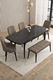 Rovena Flora Siyah Mermer 80x132 Açılabilir Mdf Mutfak Masası Takımı 4 Adet Sandalye+1 Bench